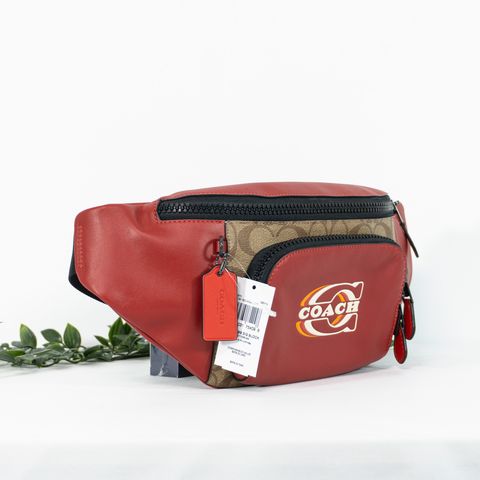 Coach Track Colorblock Khaki Coated Canvas Red Leather Stamp Belt Bag