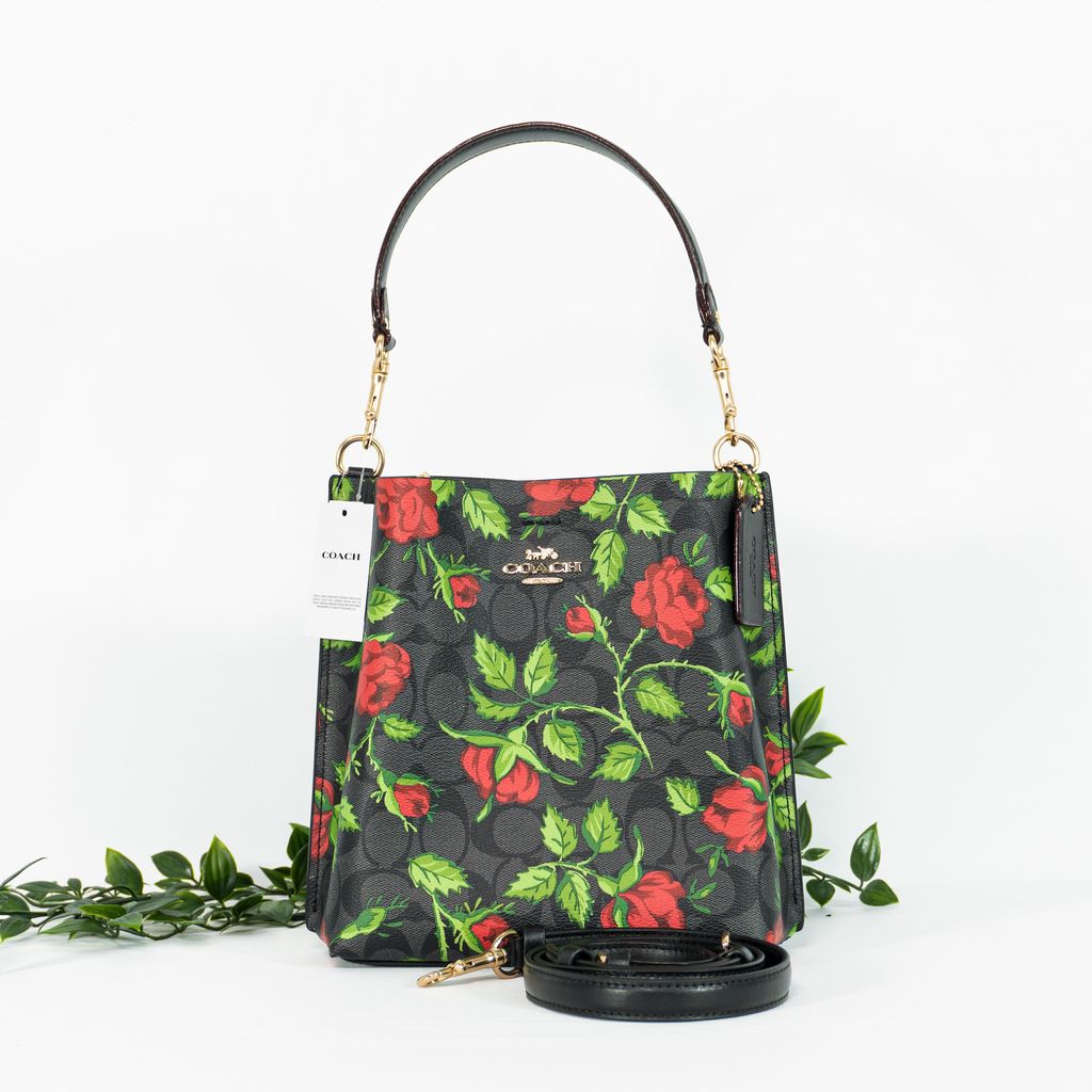 COACH Mollie Bucket Bag 22 In Signature Canvas With Fairytale Rose Print in GraphiteRed Multi 1