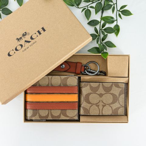COACH Boxed 3-In-1 Wallet Gift Set Signature Canvas With Varsity Stripe in KhakiTerracotta Multi 2
