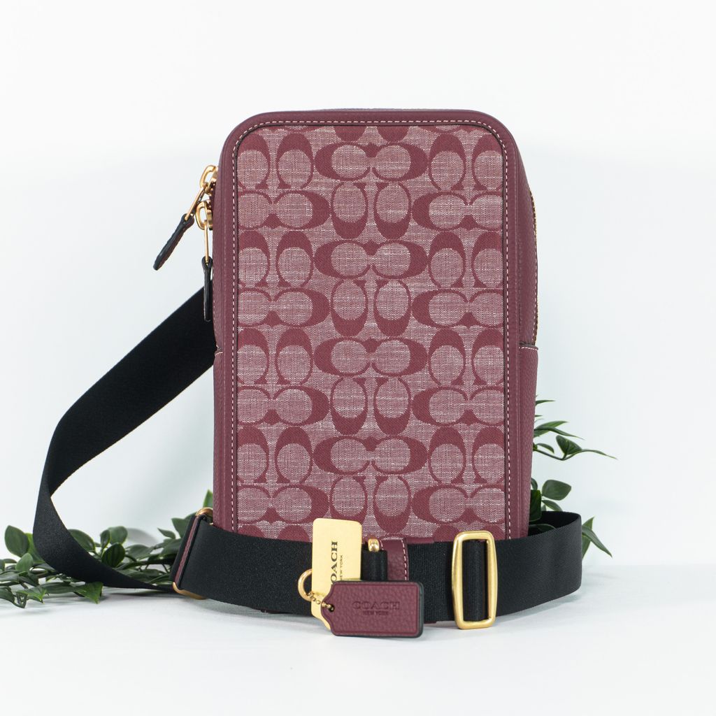 COACH CG993 Sullivan Pack In Signature Chambray & Leather Sling Bag  Brass/Wine