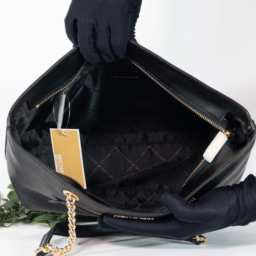 Michael Kors Jet Set Medium Black Leather Front Zip Chain Tote Purse Bag
