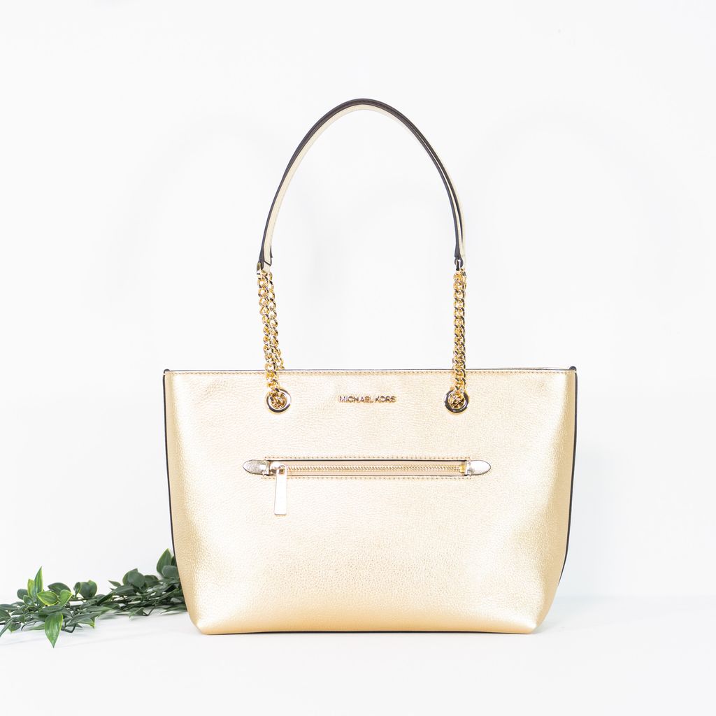 MICHAEL KORS Jet Set Item Pebbled Leather Medium Front Zip Chain Tote Bag in Pale Gold 1