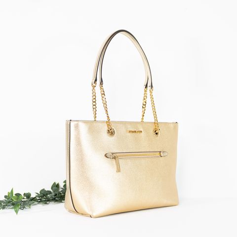 MICHAEL KORS Jet Set Item Pebbled Leather Medium Front Zip Chain Tote Bag in Pale Gold 2
