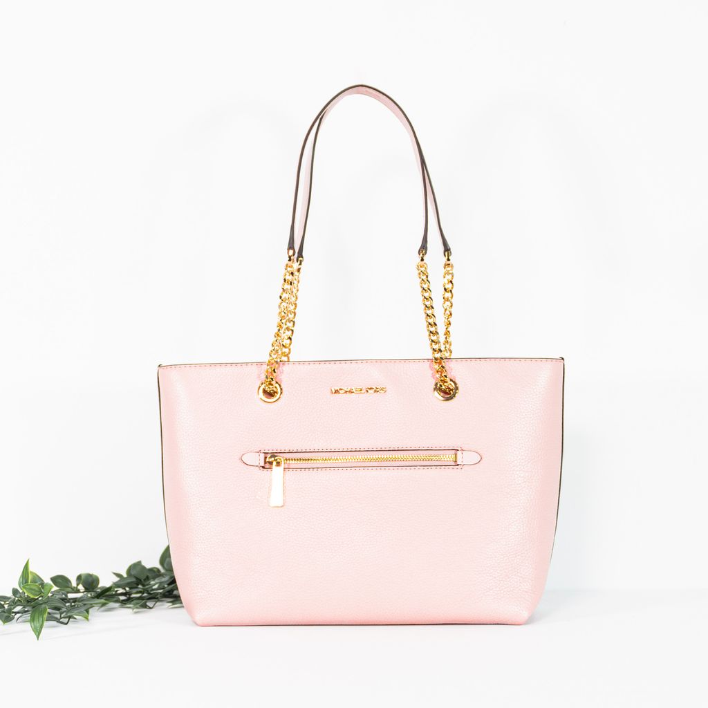 MICHAEL KORS Jet Set Item Leather Medium Front Zip Chain Tote Powder Blush