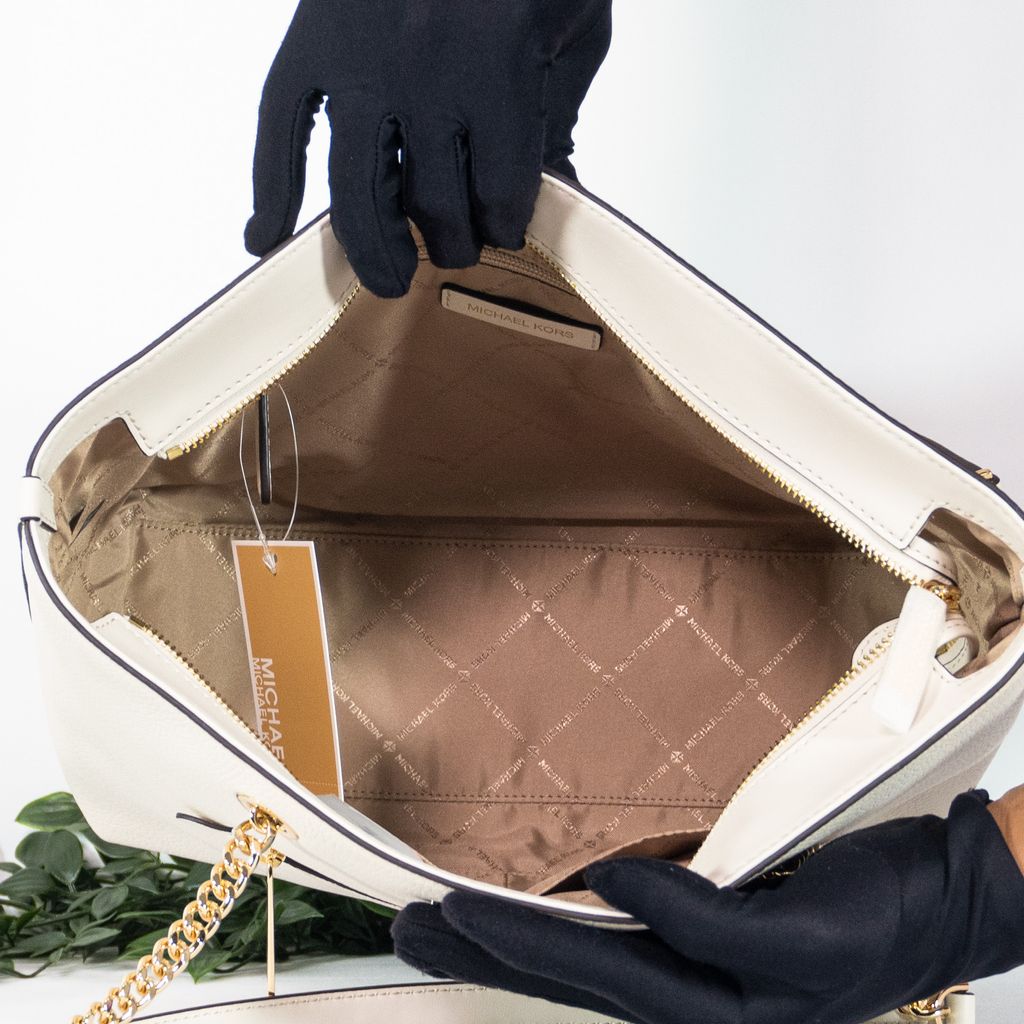 MICHAEL KORS Jet Set Item Pebbled Leather Medium Front Zip Chain Tote Bag in Light Cream 3