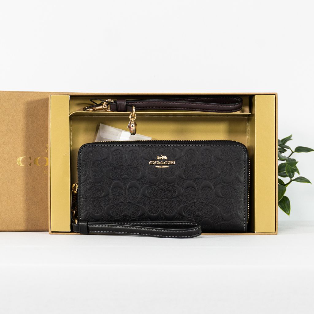 COACH Boxed Long Zip Around Wallet In Signature Leather in Black 2