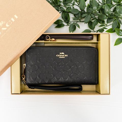 COACH Boxed Long Zip Around Wallet In Signature Leather in Black 1