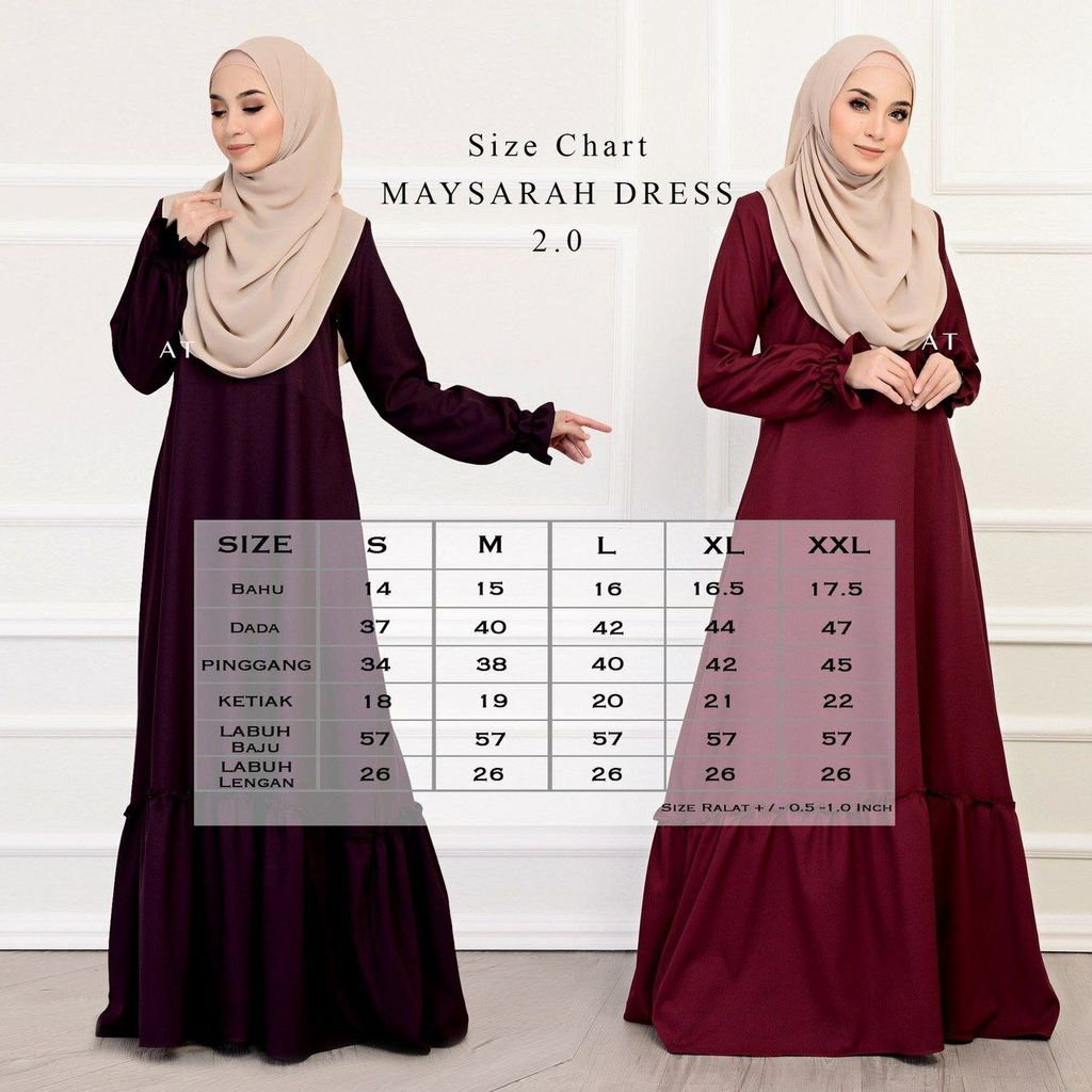 Ukuran Maysarah 2.0 butik bella muslim boutique baju kurung moden muslimah jubah dress nursing blouse kebaya kebarung