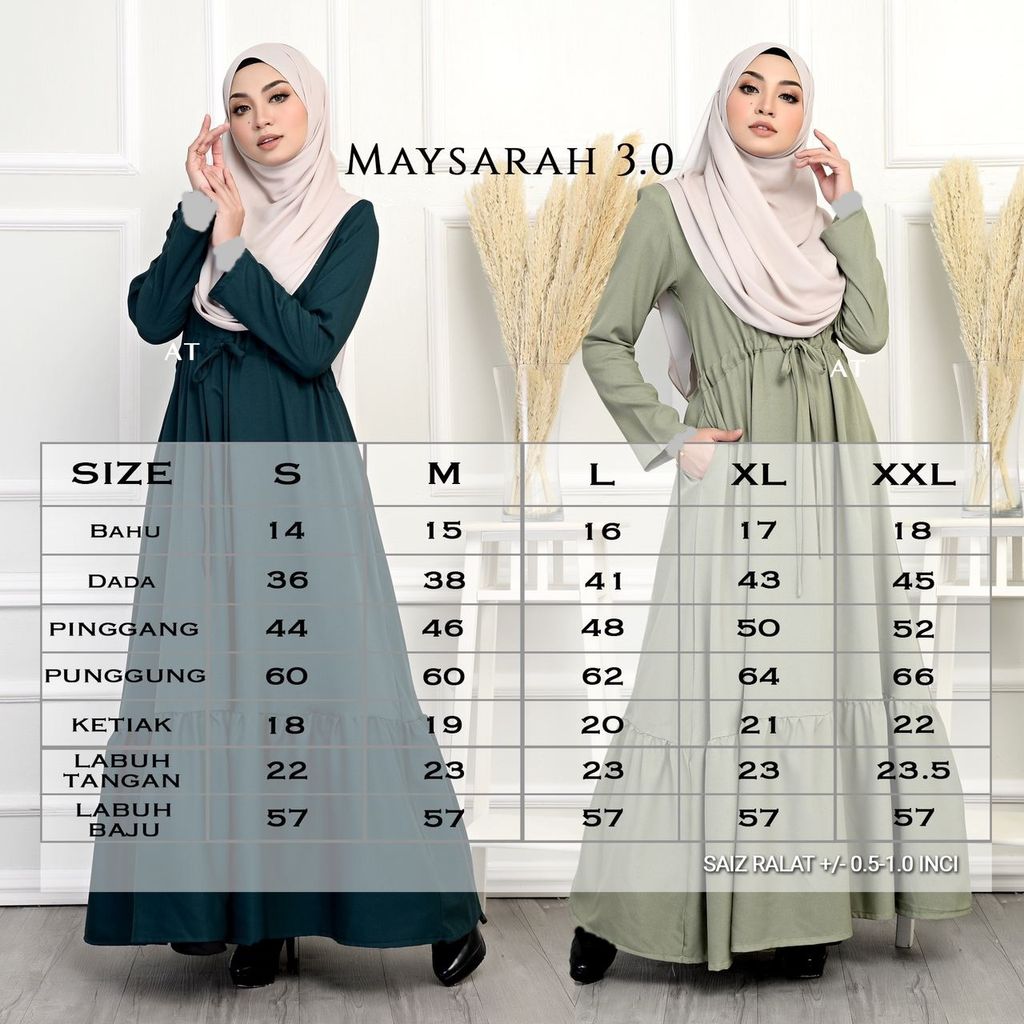 Ukuran Ladies Maysarah 3.0 butik bella muslim boutique baju kurung moden muslimah jubah dress nursing blouse kebaya kebarung