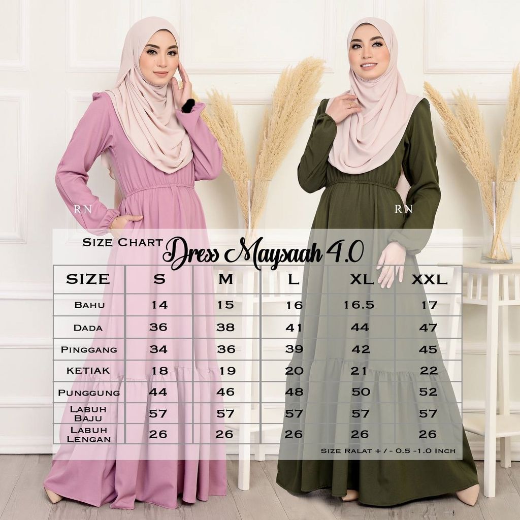 Ukuran Maysarah 4.0 butik bella muslim boutique baju kurung moden muslimah jubah dress nursing blouse kebaya kebarung