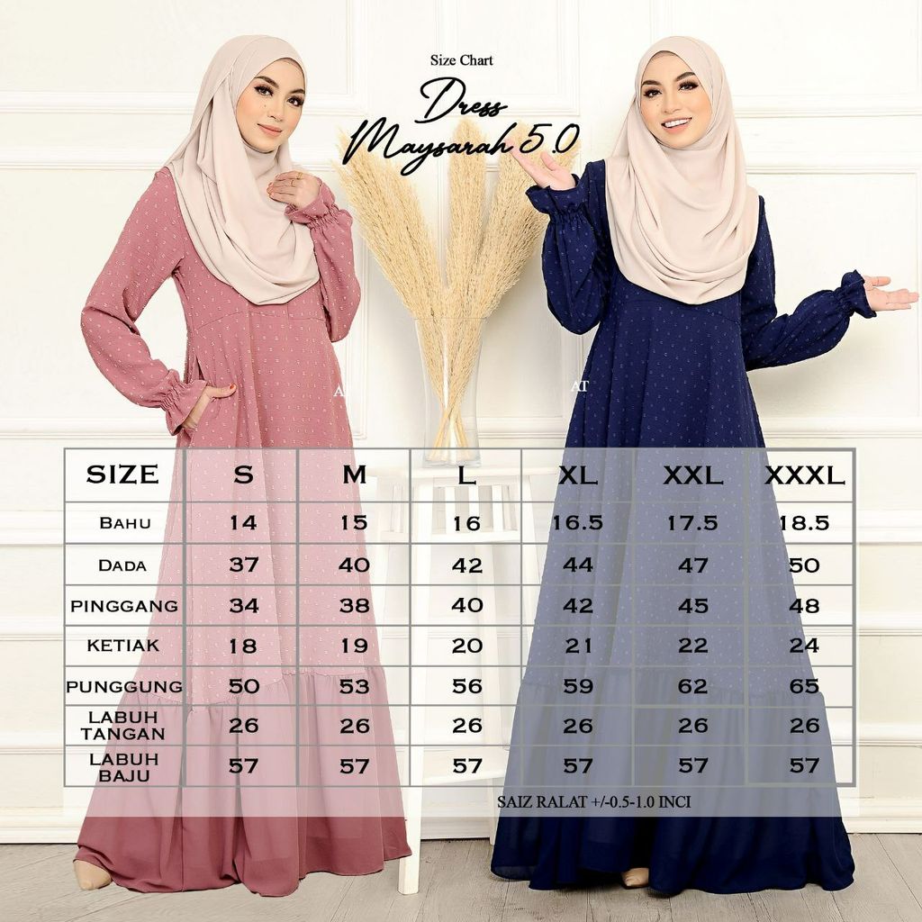 Ukuran Ladies Maysarah 5.0 butik bella muslim boutique baju kurung moden muslimah jubah dress nursing blouse kebaya kebarung