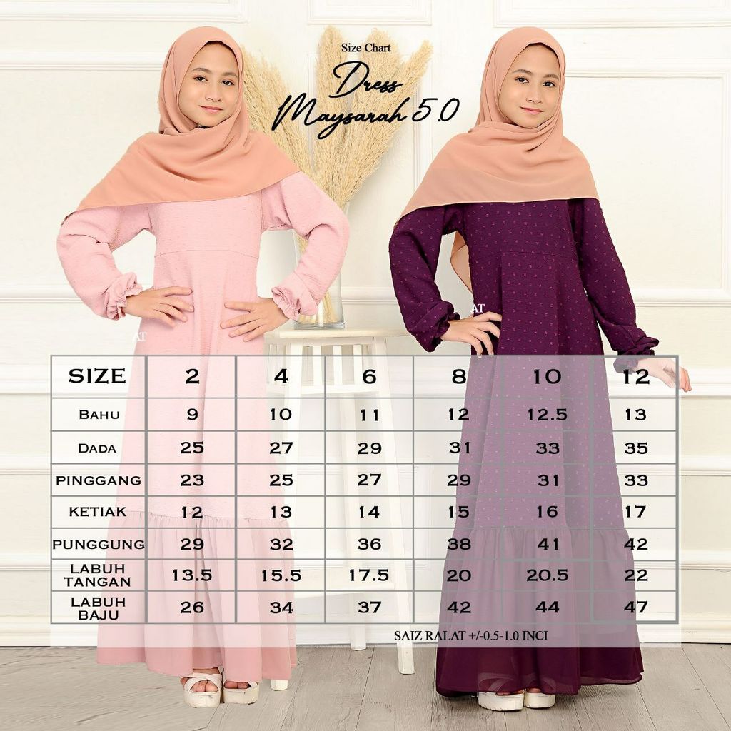 Ukuran Kids Maysarah 5.0 butik bella muslim boutique baju kurung moden muslimah jubah dress nursing blouse kebaya kebarung