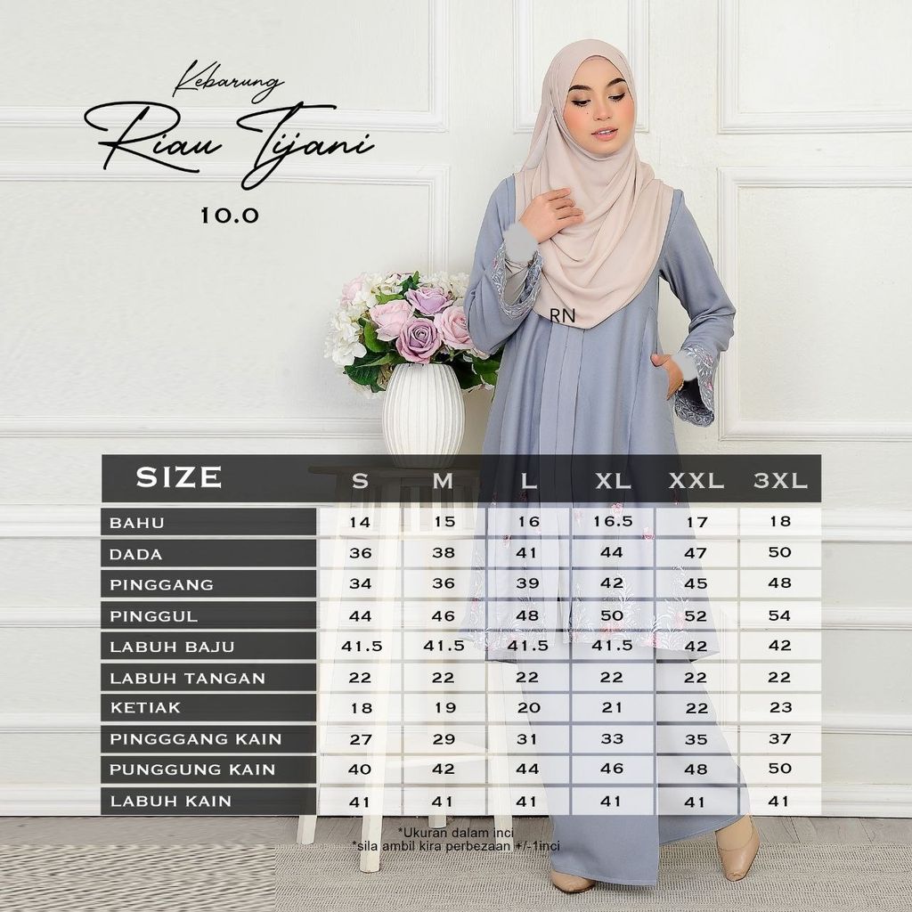 Ukuran Kebarung Tijani 10.0 butik bella muslim boutique baju kurung moden muslimah jubah dress nursing blouse kebaya kebarung