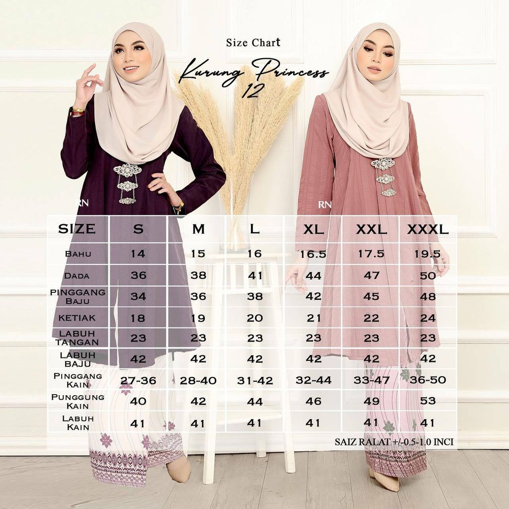 Ukuran ladies Kebarung Princess 12.0 butik bella muslim boutique baju kurung moden muslimah jubah dress nursing blouse kebaya kebarung