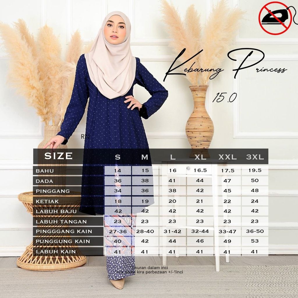 Ukuran Kebarung Princess 15.0 butik bella muslim boutique baju kurung moden muslimah jubah dress nursing blouse kebaya kebarung