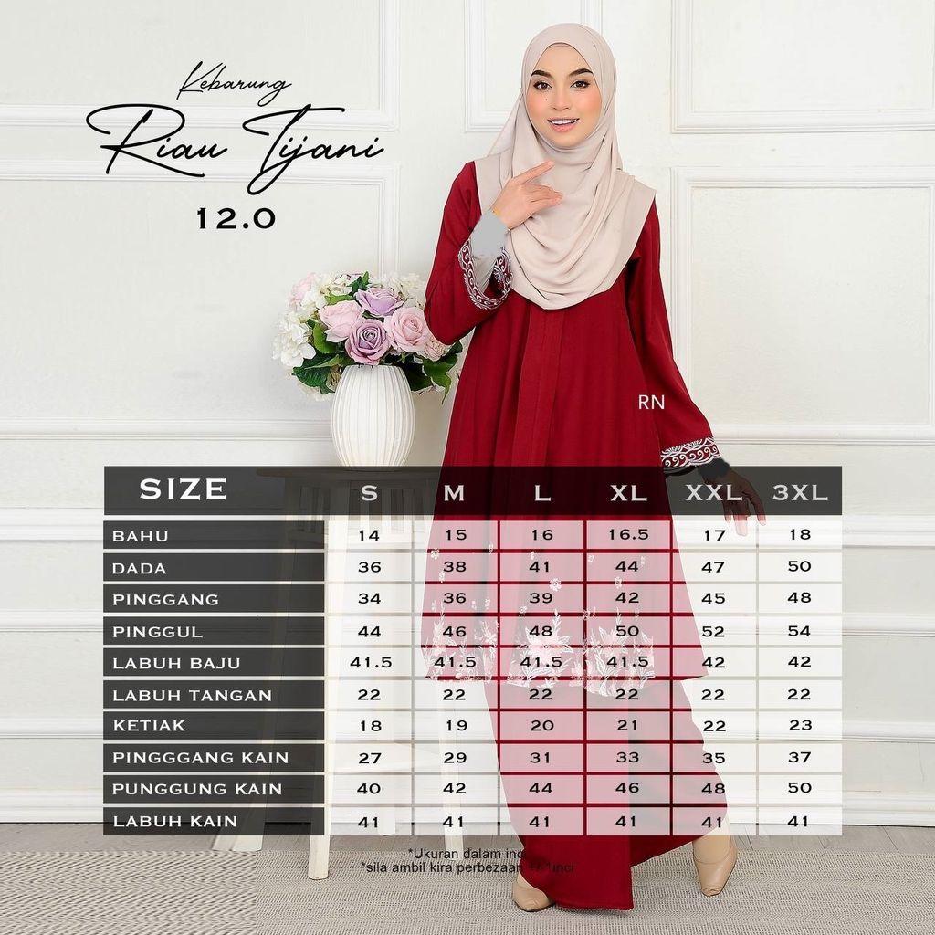 ukuran Kebarung Tijani 12.0 butik bella muslim boutique baju kurung moden muslimah jubah dress nursing blouse kebaya