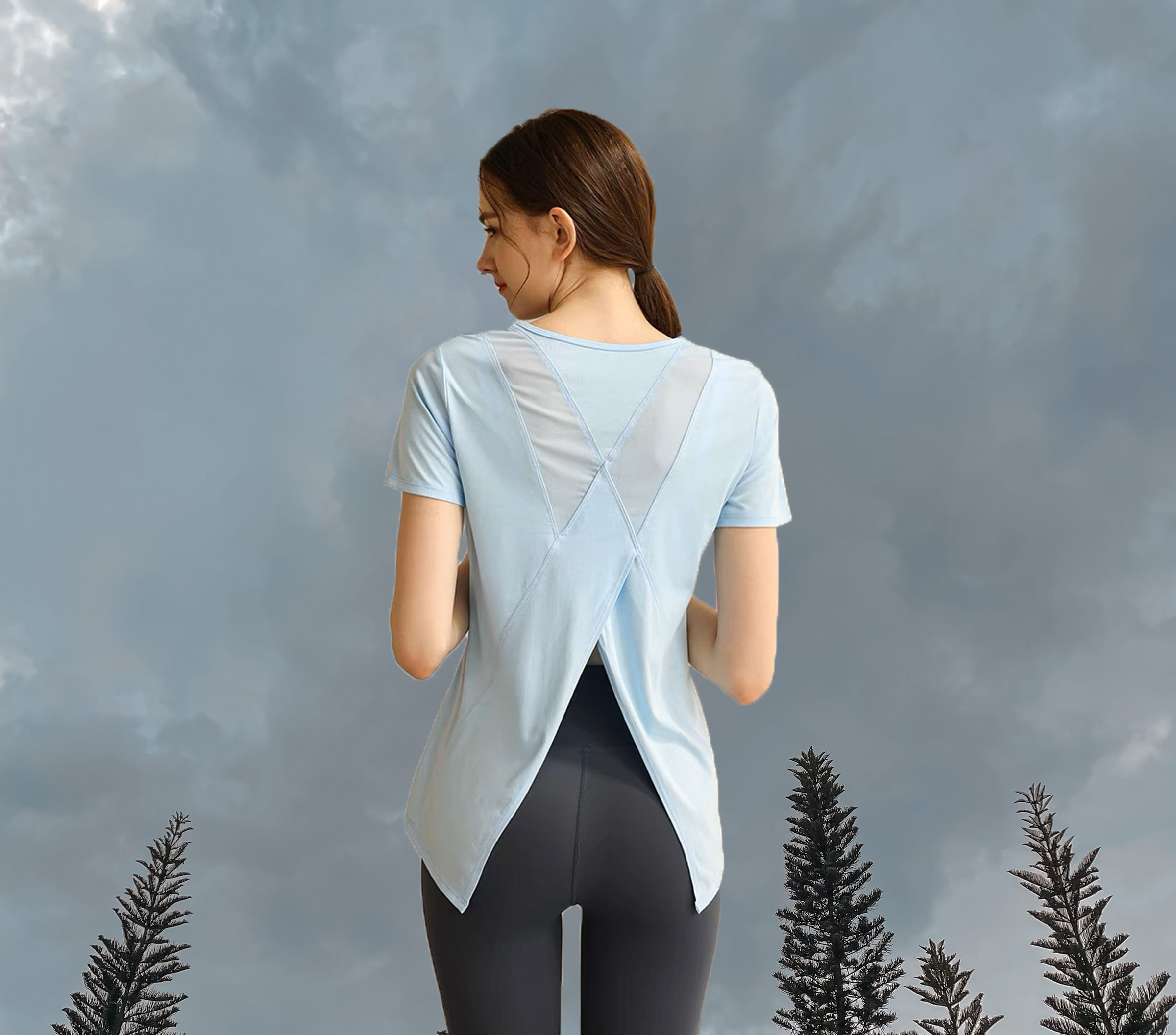 Split Back Tee Light Blue Model Back