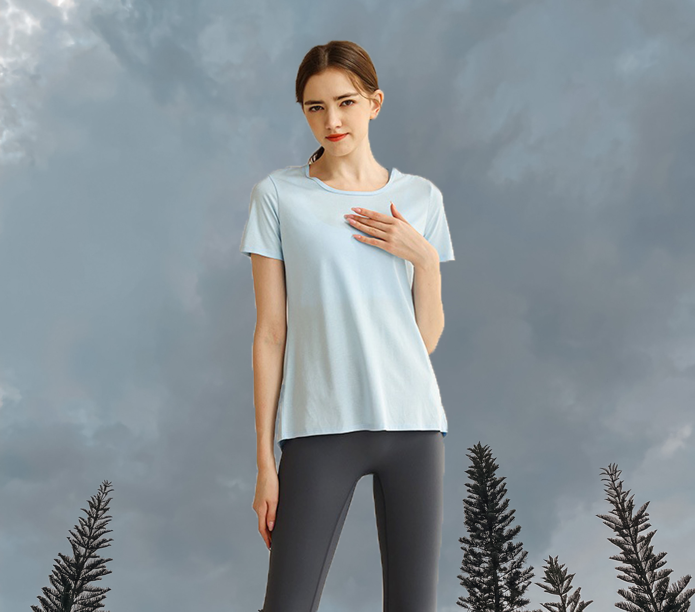 Split Back Tee Light Blue Model Front