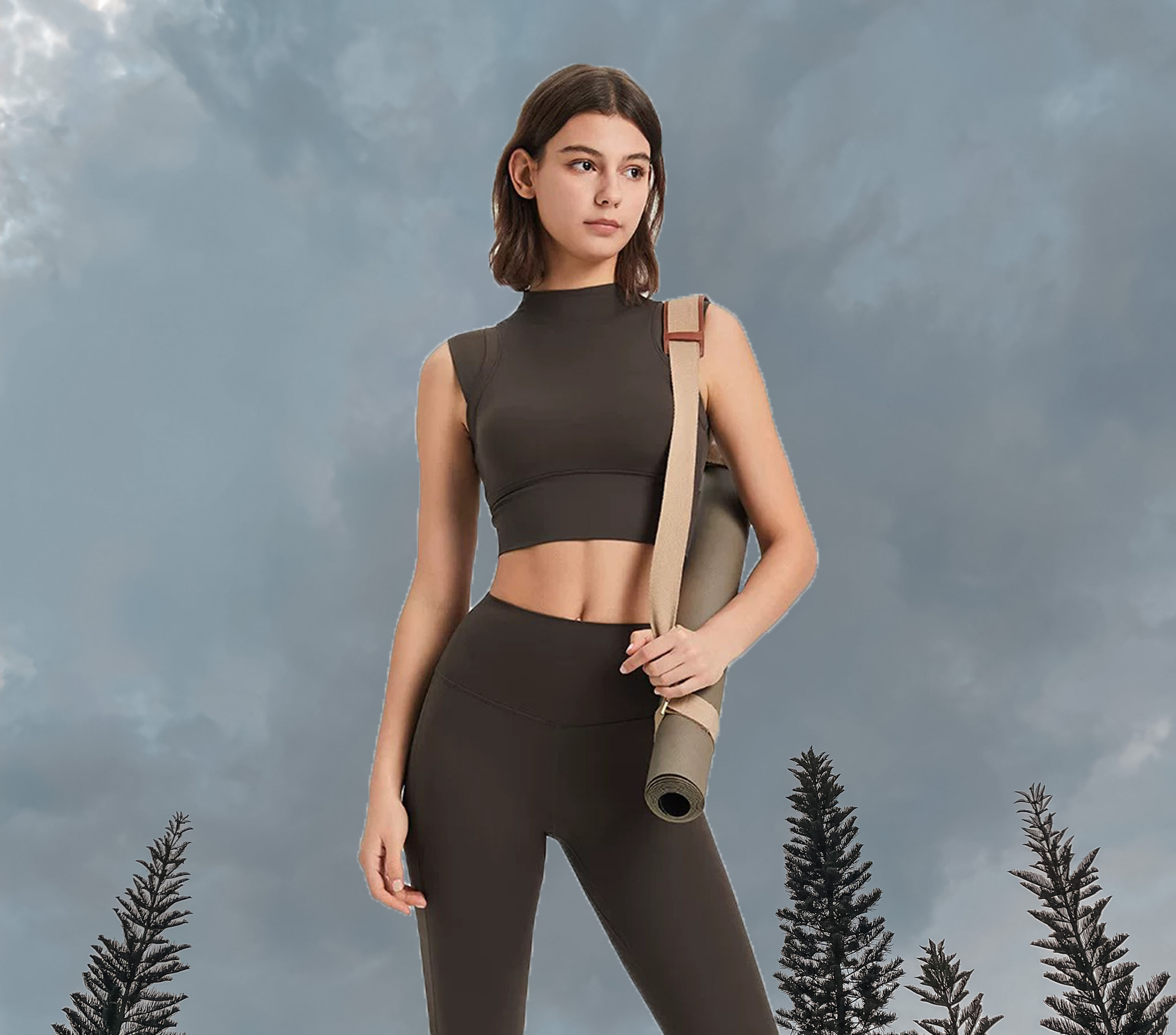 High Neck CropTop Padded Taupe (Full Body)