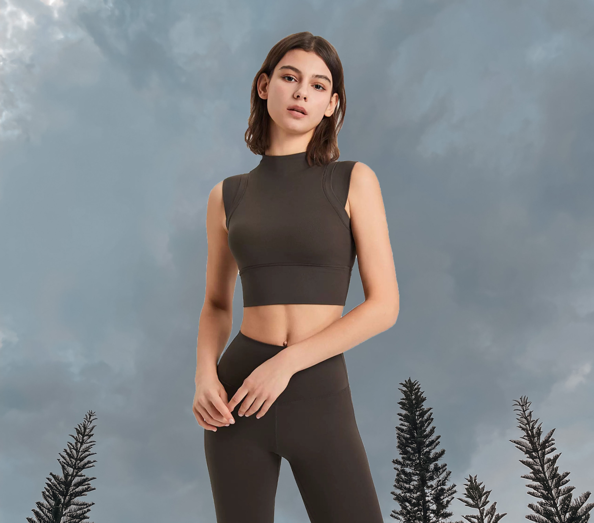 High Neck CropTop Padded Taupe (Full Body 2)