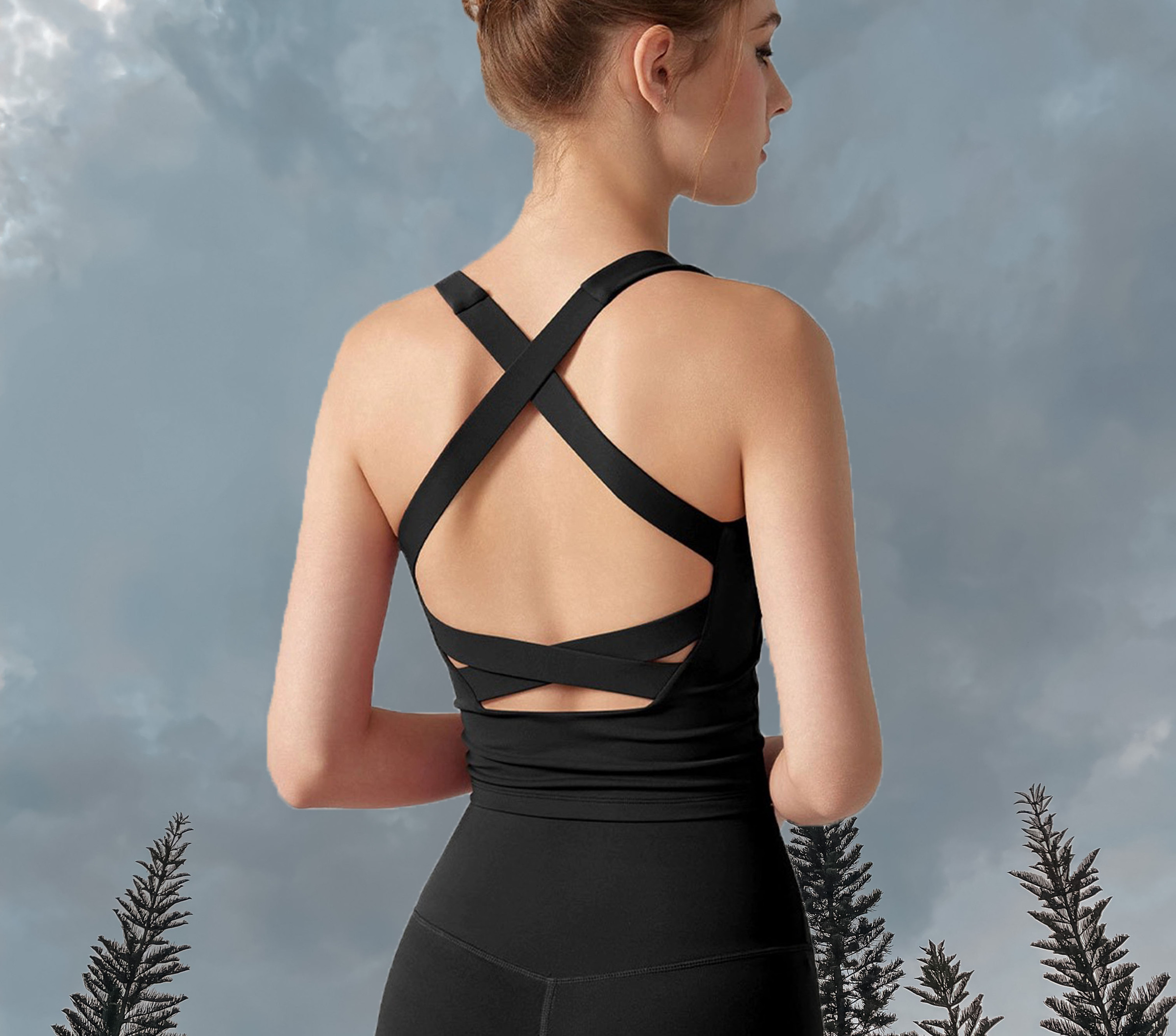 Kayla Cross-Back Longline Bra - Black (Back)