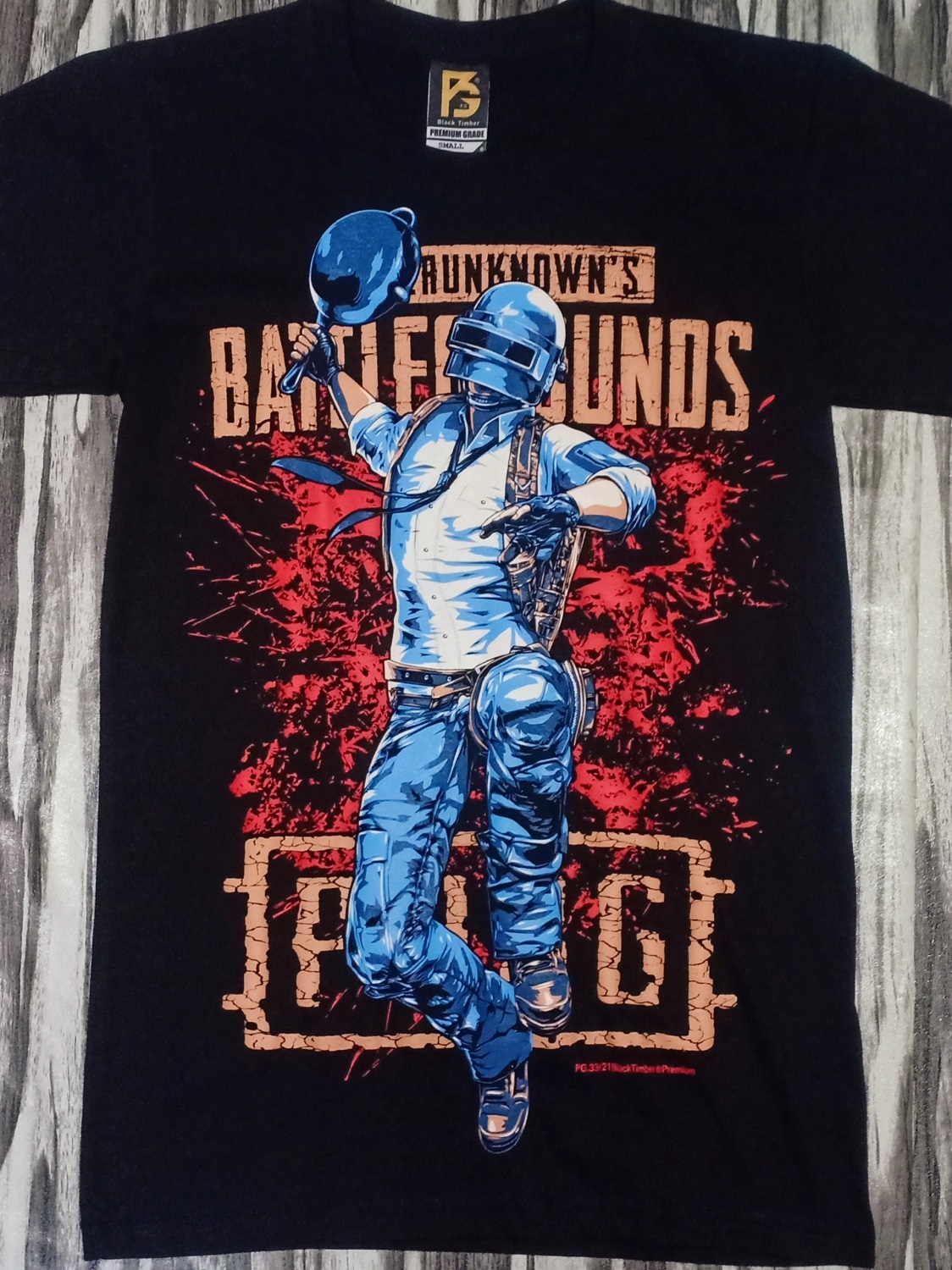 PG33 PUBG PLAYER UNKNOWNS BATTLEGROUNDS PAN HITTERS GAMERS COLLECTION  ORIGINAL PREMIUM GRADE BLACK TIMBER COTTON T-SHIRT – PREMIUM GRADE BLACK  TIMBER NEW TYPE SYSTEM MOAI SPEED HIGH QUALITY SILK SCREEN COLLECTABLE T- SHIRT