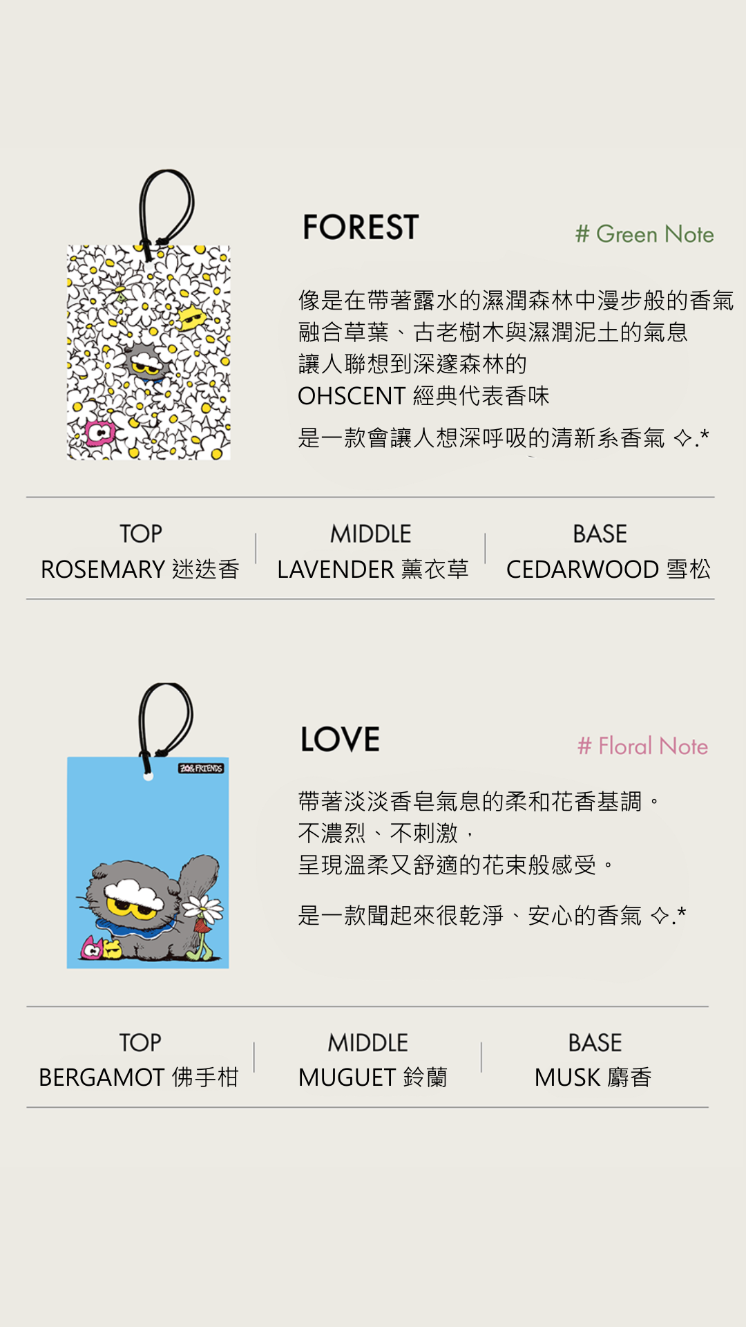像是在帶著露水的濕潤森林中漫步般的香氣 融合草葉、古老樹木與濕潤泥土的氣息 讓人聯想到深邃森林的 OHSCENT 經典代表香味