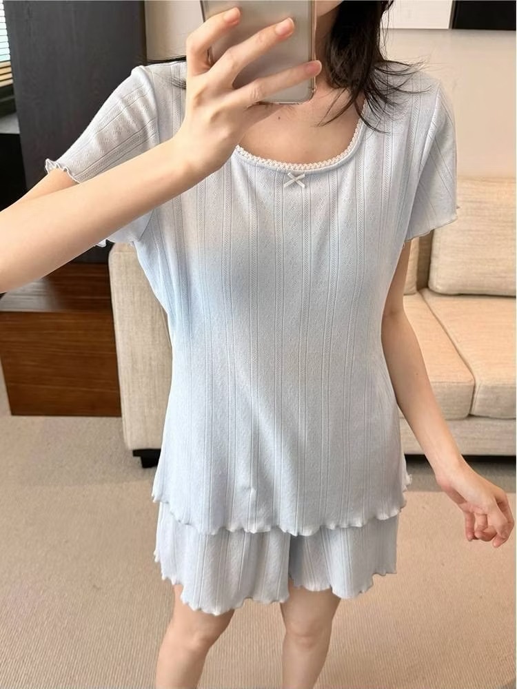 韓系純棉睡衣套裝-海鹽藍-鏡前全身穿搭-木耳邊荷葉袖居家服-茱莉珍選