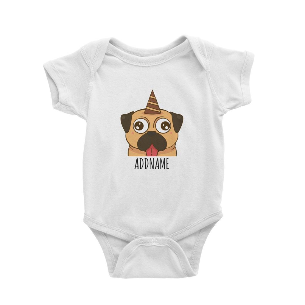 Cartoon Birthday Hat Dog Pug White White Baby Romper.jpg