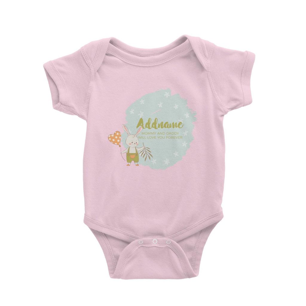 Cute Boy Rabbit with Heart Balloon Personalizable with Name and Text Baby Romper pink.jpg