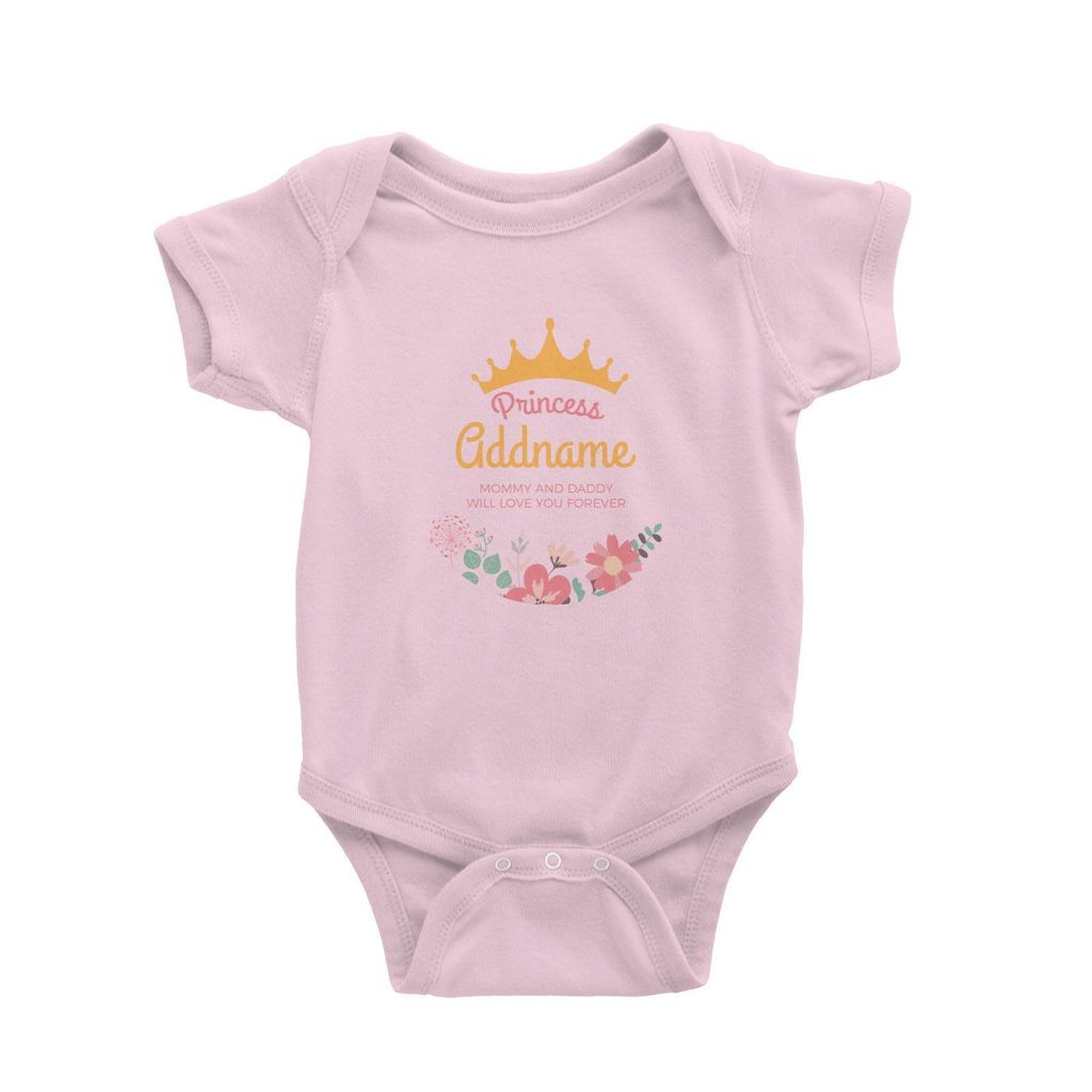 Princess with Tiara and Flowers 2 Personalizable with Name and Text Baby Romper light pink.jpg