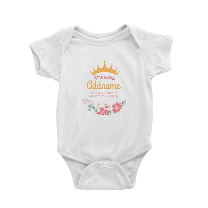 Princess with Tiara and Flowers 2 Personalizable with Name and Text Baby Romper white.jpg