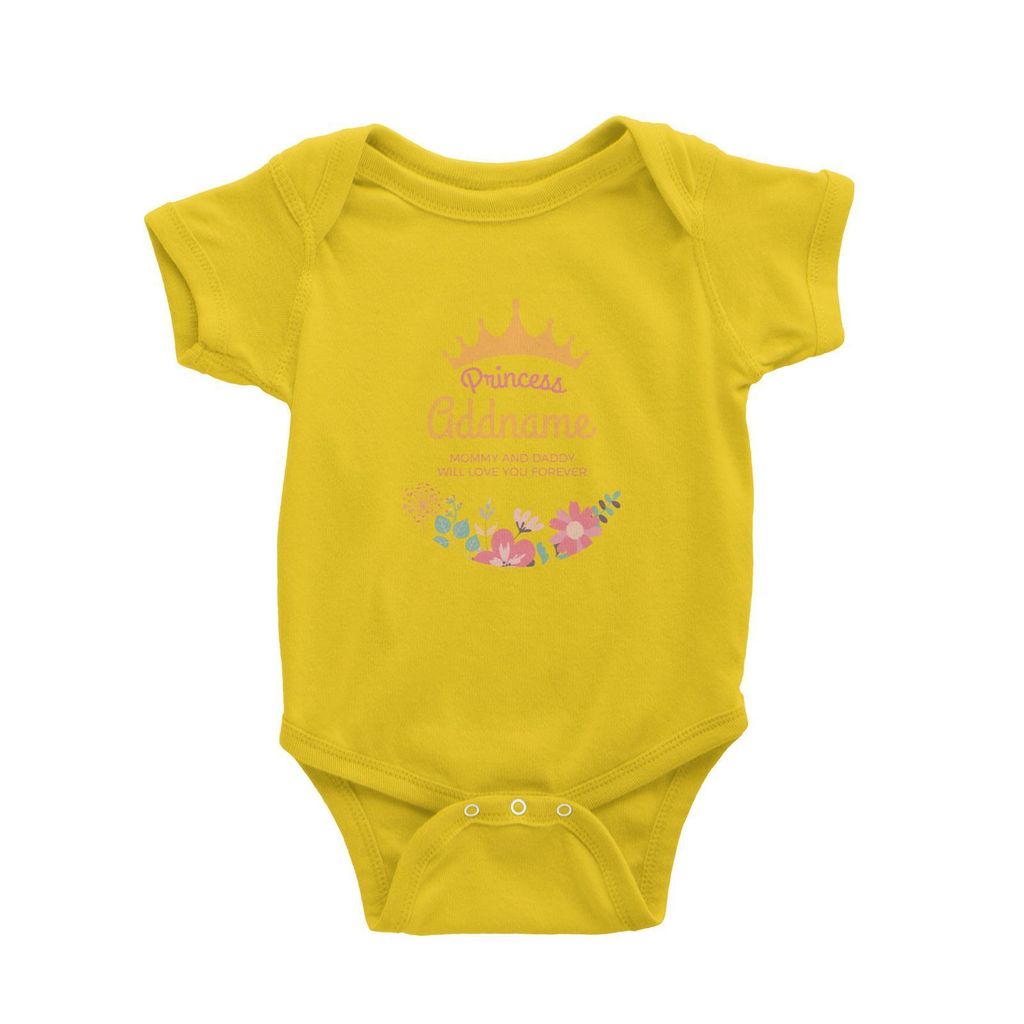 Princess with Tiara and Flowers 2 Personalizable with Name and Text Baby Romper yellow.jpg