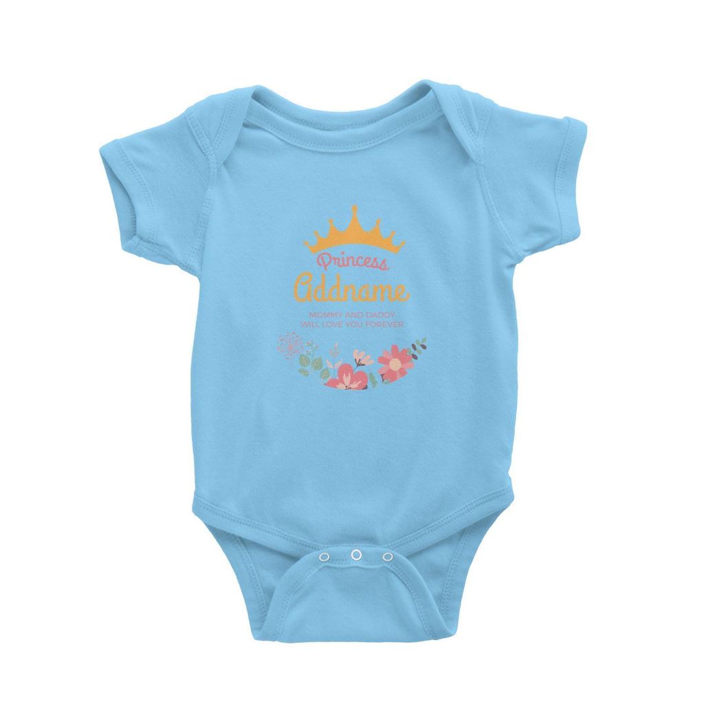 Princess with Tiara and Flowers 2 Personalizable with Name and Text Baby Romper light blue.jpg