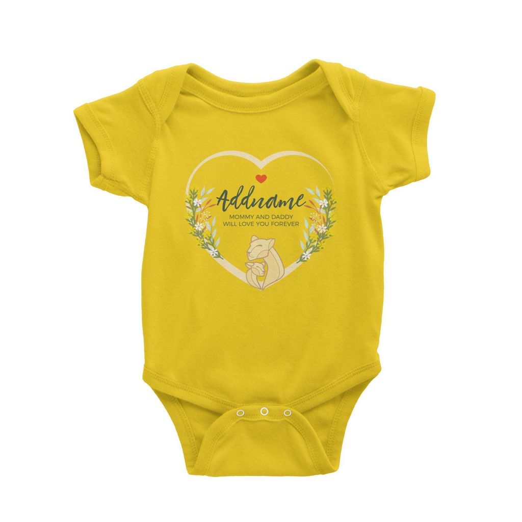 Loving Mother and Baby Lion in Heart Personalizable with Name and Text Baby Romper yellow.jpg