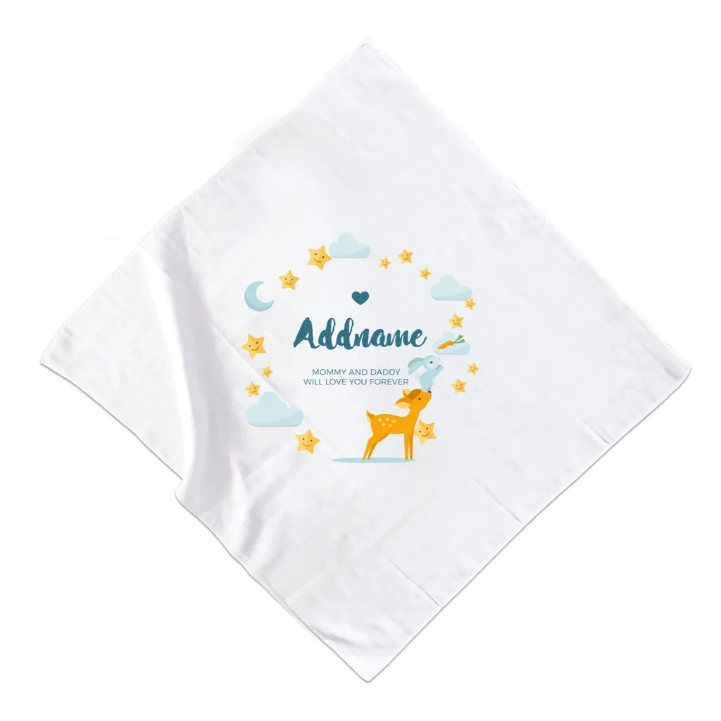 Cute Deer and Rabbit with Star and Moon Elements Personalizable with Name and Text Muslin Square.jpg