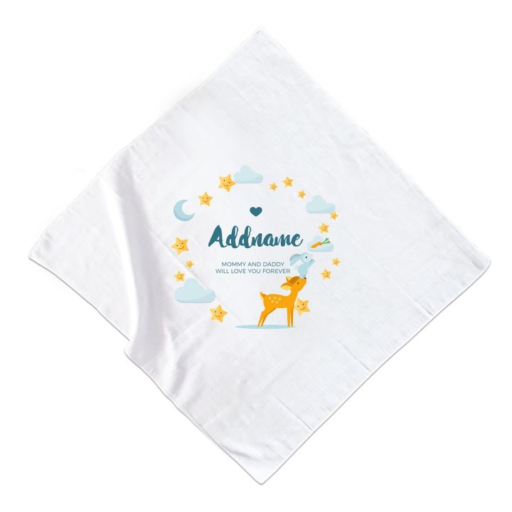 Cute Deer and Rabbit with Star and Moon Elements Personalizable with Name and Text Muslin Square.jpg