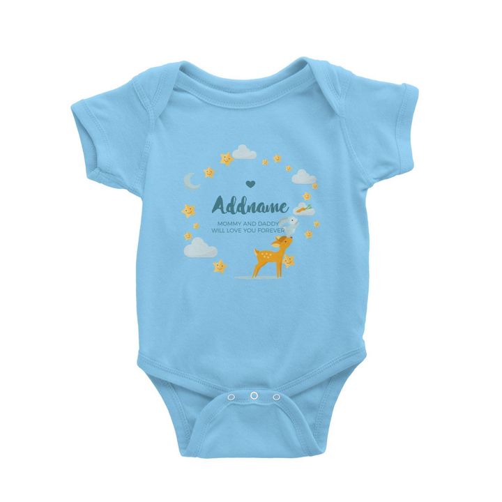 Cute Deer and Rabbit with Star and Moon Elements Personalizable with Name and Text Baby Romper light blue.jpg