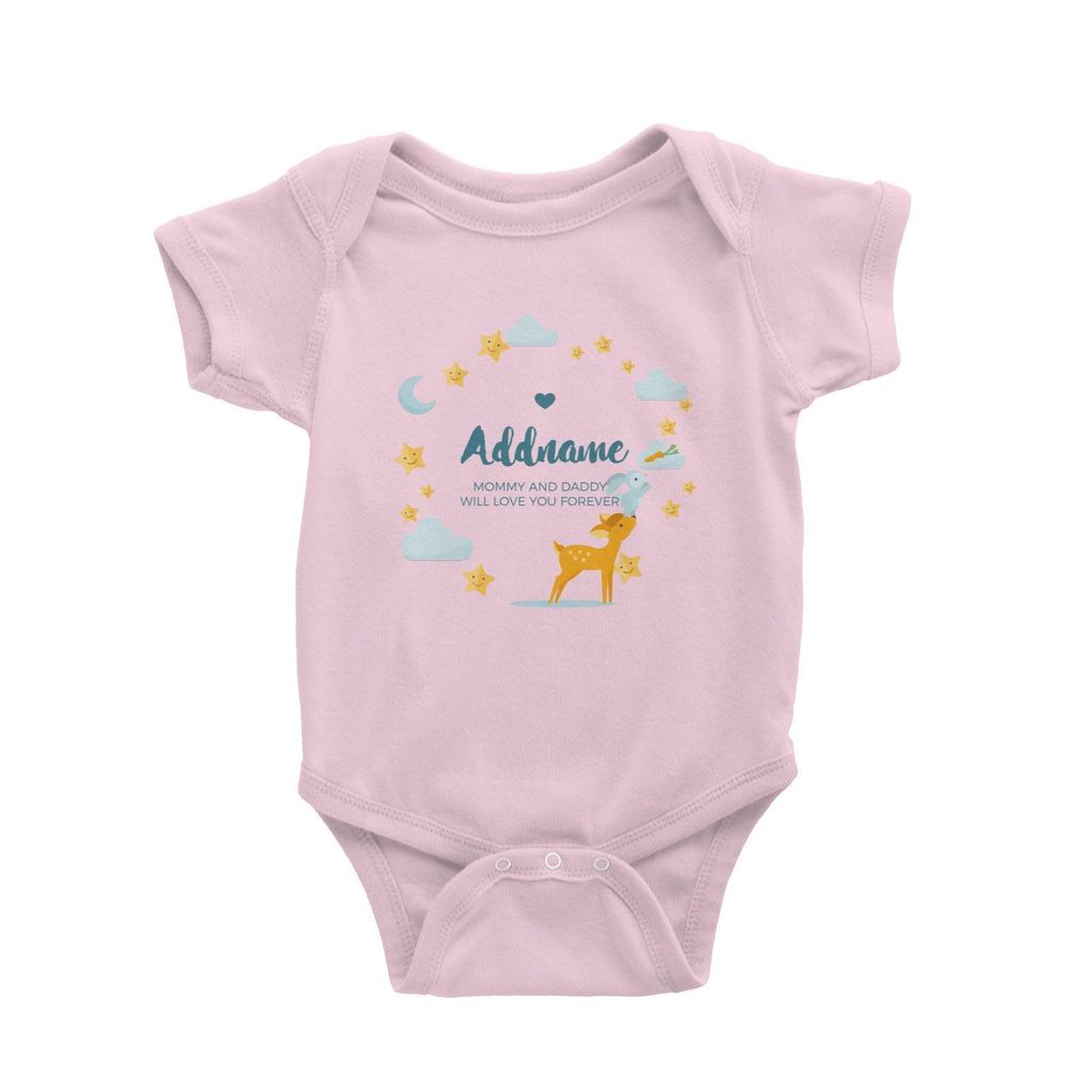 Cute Deer and Rabbit with Star and Moon Elements Personalizable with Name and Text Baby Romper light pink.jpg