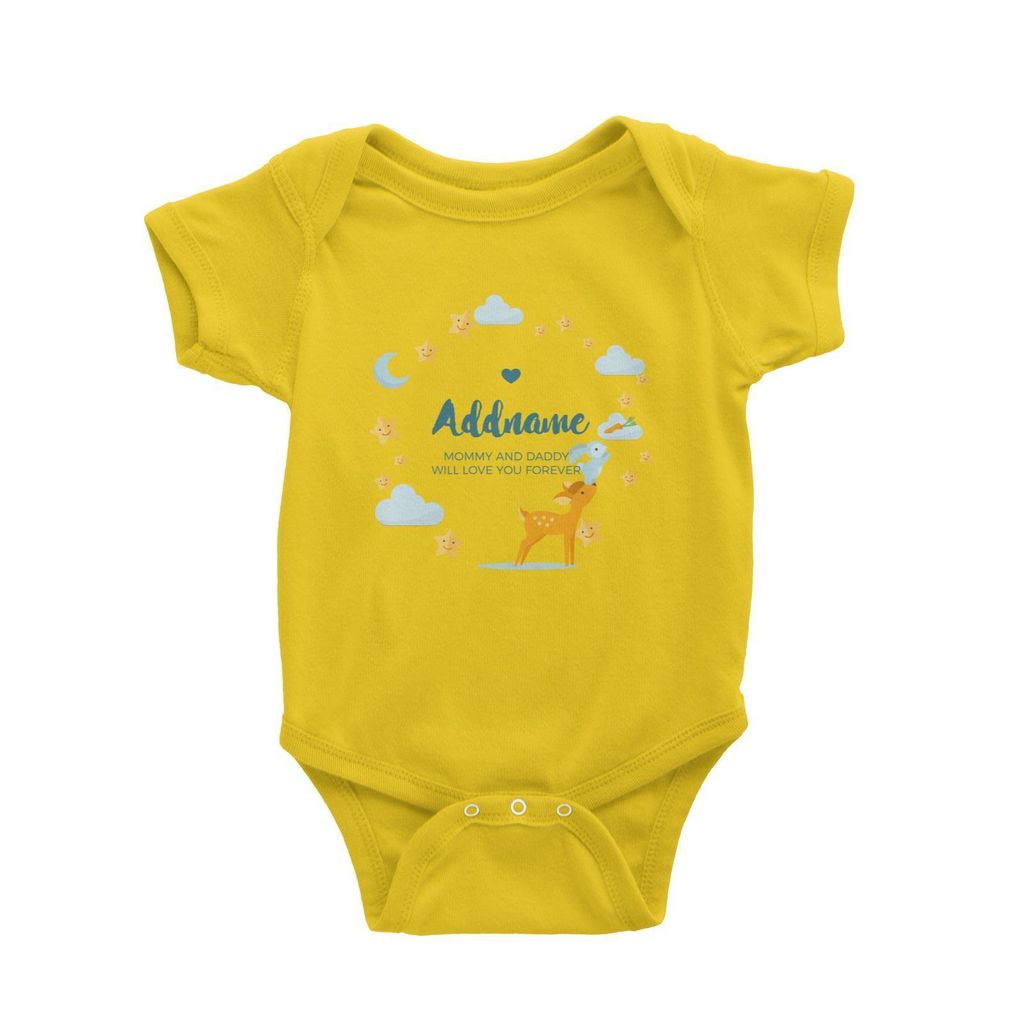 Cute Deer and Rabbit with Star and Moon Elements Personalizable with Name and Text Baby Romper yellow.jpg