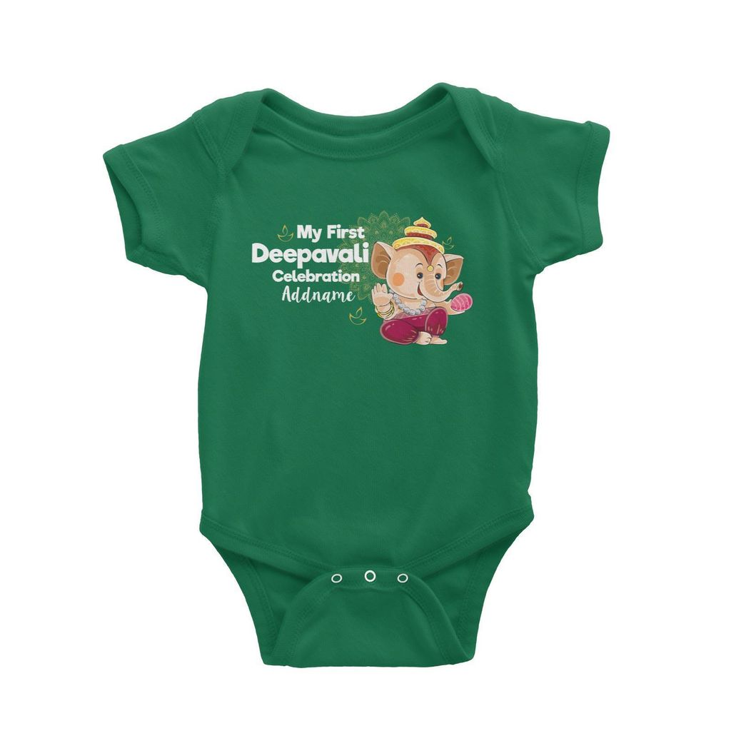 Cute Ganesha My First Deepavali Celebration Addname Baby Romper Green.jpg