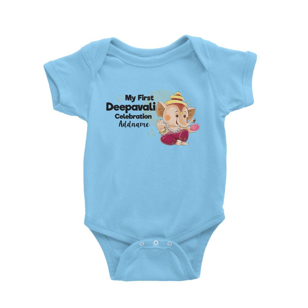 Cute Ganesha My First Deepavali Celebration Addname Baby Romper Light Blue.jpg