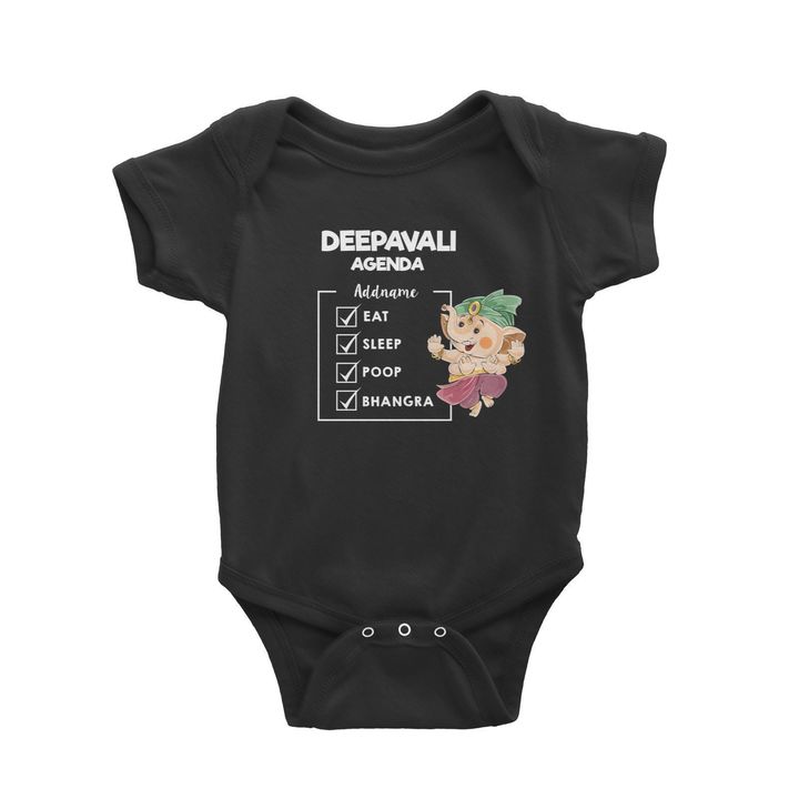 Cute Ganesha Dancing Bhangra Addname Deepavali Agenda Baby Romper Black.jpg
