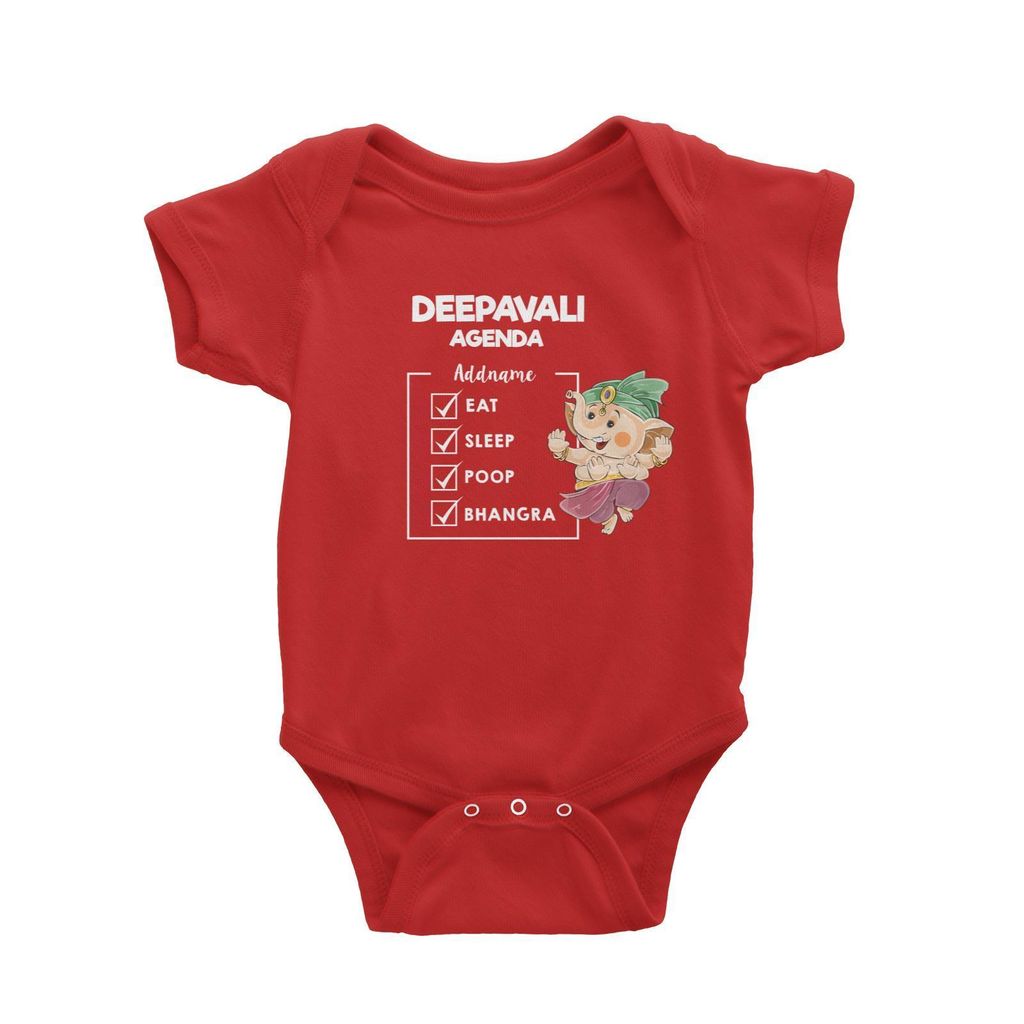 Cute Ganesha Dancing Bhangra Addname Deepavali Agenda Baby Romper Red.jpg