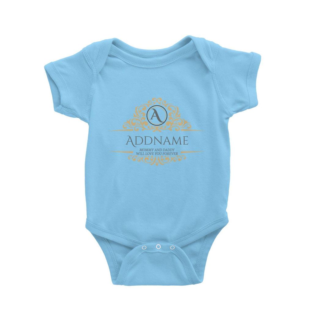 Royal Emblem Personalizable with Initial Name and Text Baby Romper light blue.jpg