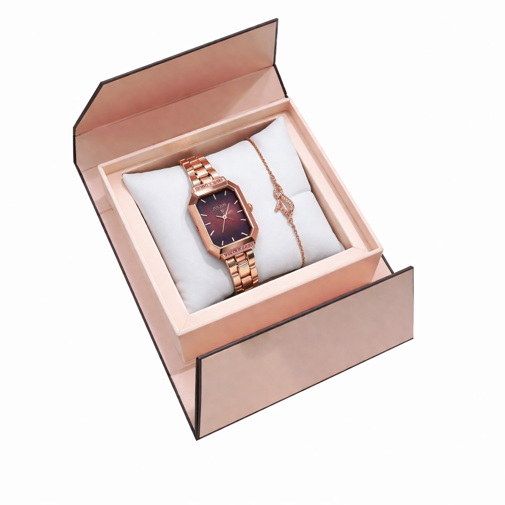 Elegant rose gold watch in pink box