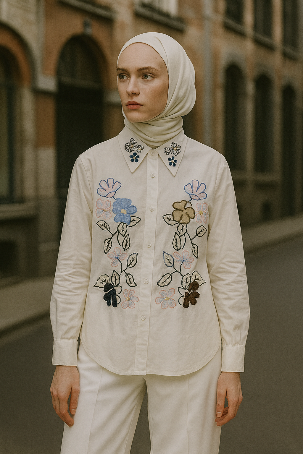 Elegant Woman in Floral Embroidered Shirt