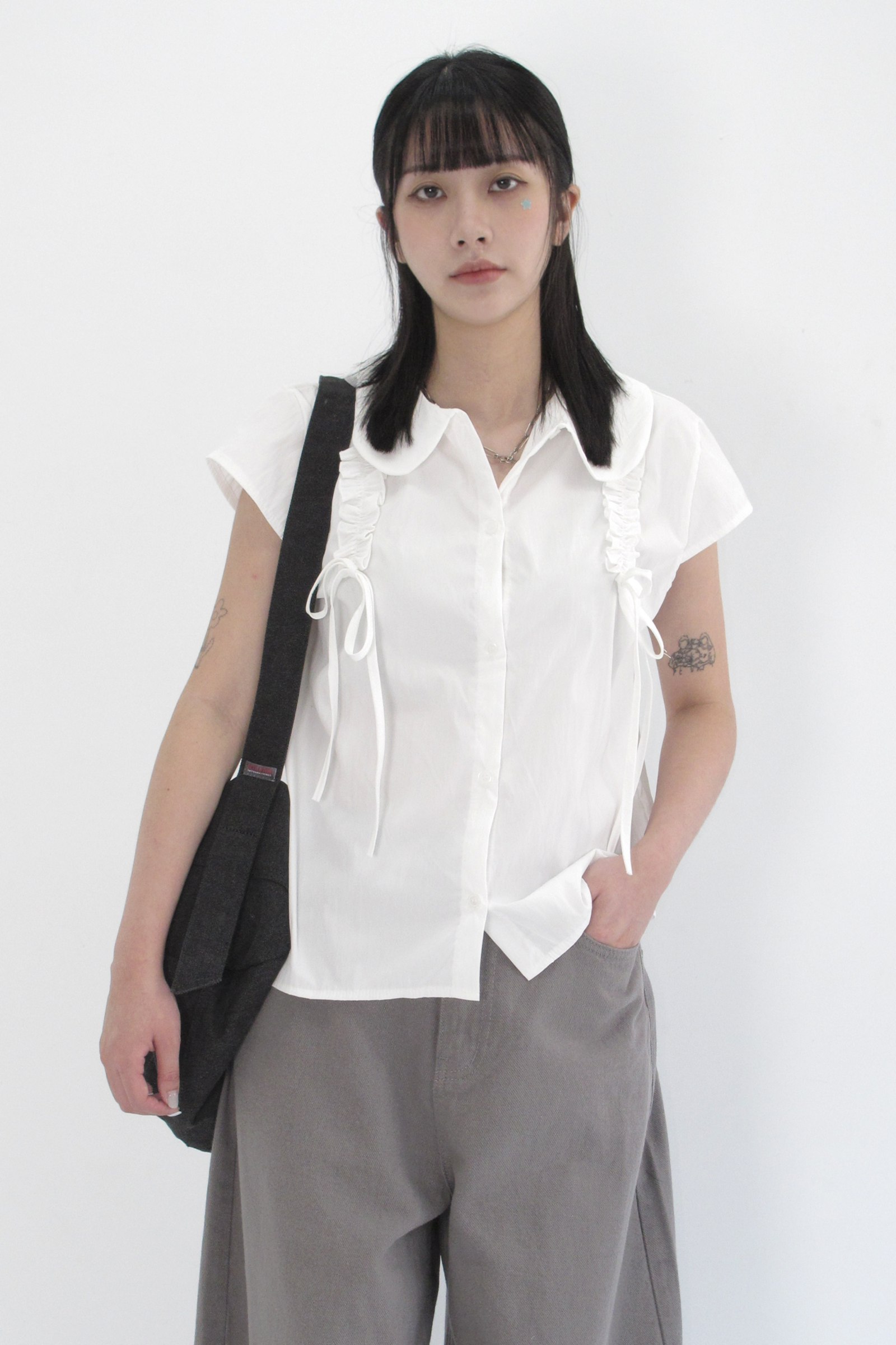 綁帶圓領短袖襯衫-4