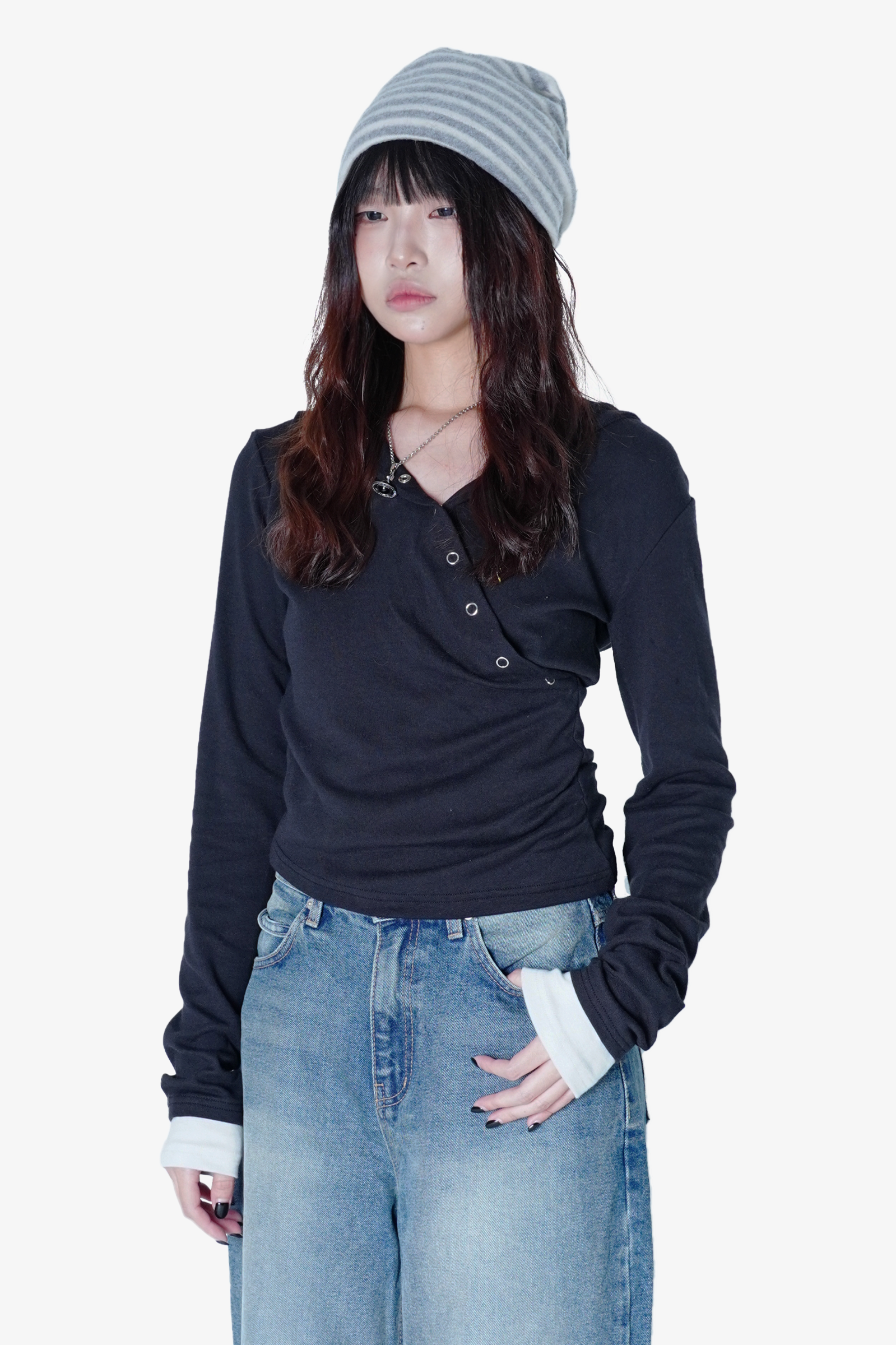 斜釦袖口拼接彈性長袖04