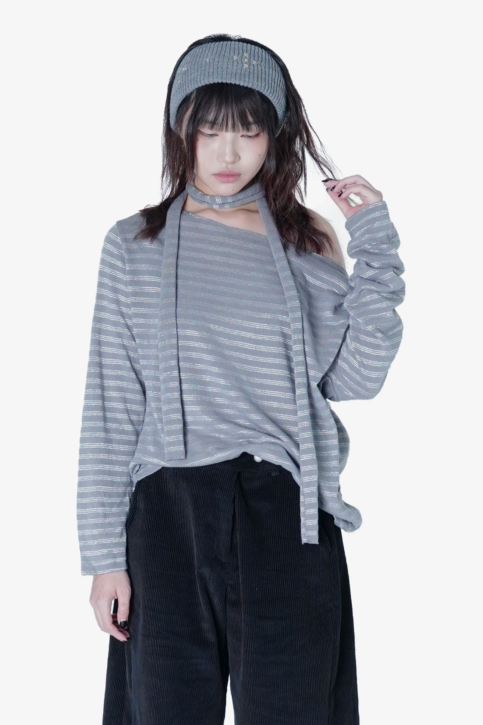 光澤感橫條多穿斜肩上衣05